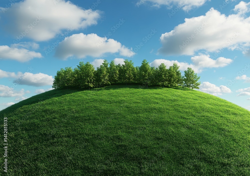 Green Hill with Lush Trees and Blue Sky, Perfect for Nature, Environment, and Outdoor Themes in Stock Photography Green Hill with Lush Trees and Blue Sky, Perfect for Nature, Environment, and Outdoor Themes in Stock Photography