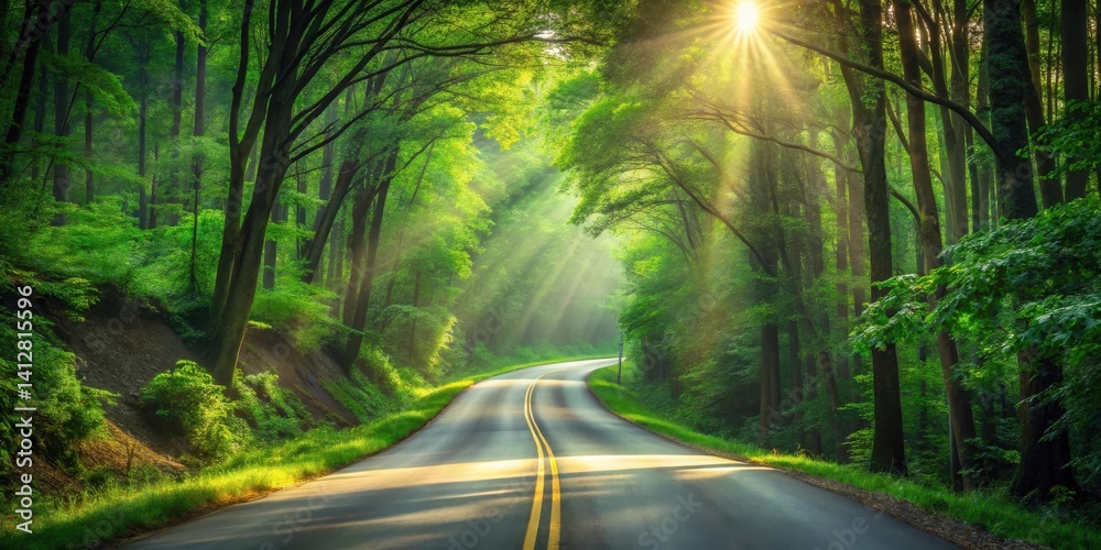 Fototapeta premium Sunbeams illuminating a winding road through a lush green forest
