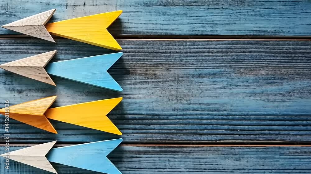 Colorful wooden arrows arranged on a rustic wooden surface, symbolizing direction and progress