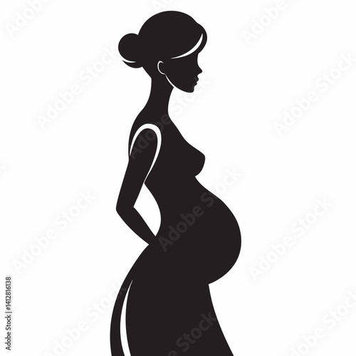 Vector silhouette of a pregnant woman with her partner standing beside or behind her, hand on her belly, both in loving pose, black silhouettes on a clean white background, tender and intimate design