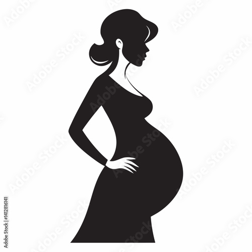 Vector silhouette of a pregnant woman with her partner standing beside or behind her, hand on her belly, both in loving pose, black silhouettes on a clean white background, tender and intimate design
