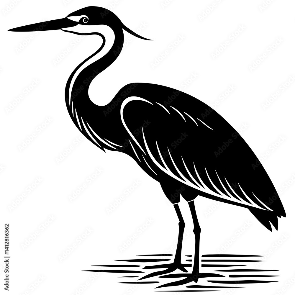vector silhouette of a heron in shallow water, long beak, vector silhouette of a heron in shallow water, long beak,