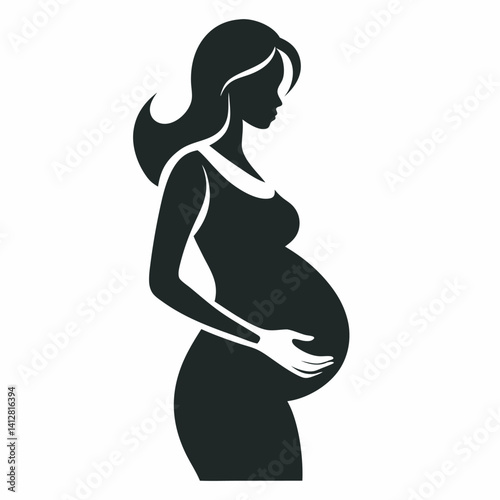 Vector silhouette of a pregnant woman with her partner standing beside or behind her, hand on her belly, both in loving pose, black silhouettes on a clean white background, tender and intimate design