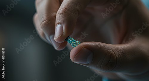 Examining Small Printed Circuit Board by Hand in Close Up