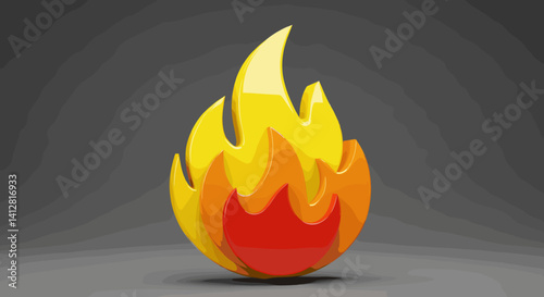 Rendered flame with vibrant yellow, orange and red colors shining brightly against a dark gray background, a stylized and modern depiction