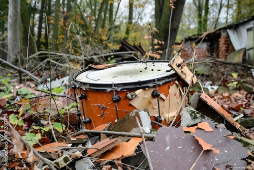 Broken drum set in an apocalyptic wasteland rusted metal and cracked skins post industrial decay