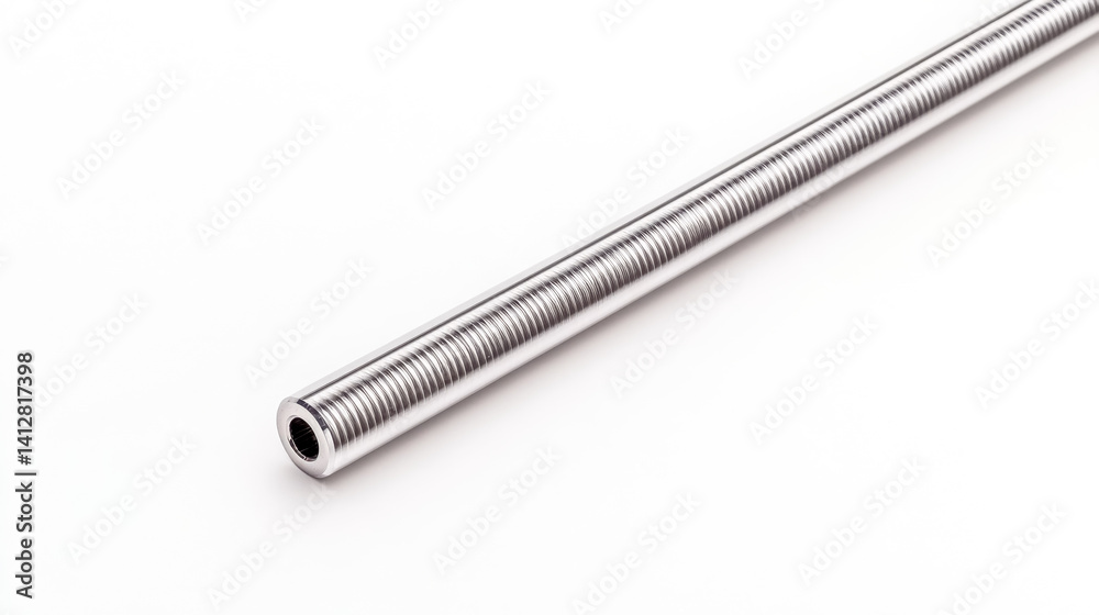Threaded metal rod with precise grooves on white background Threaded metal rod with precise grooves on white background