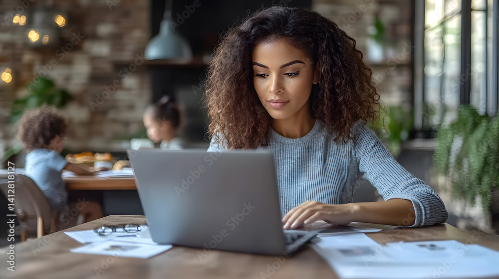 Focused freelancer working remotely while children are having breakfast Focused freelancer working remotely while children are having breakfast