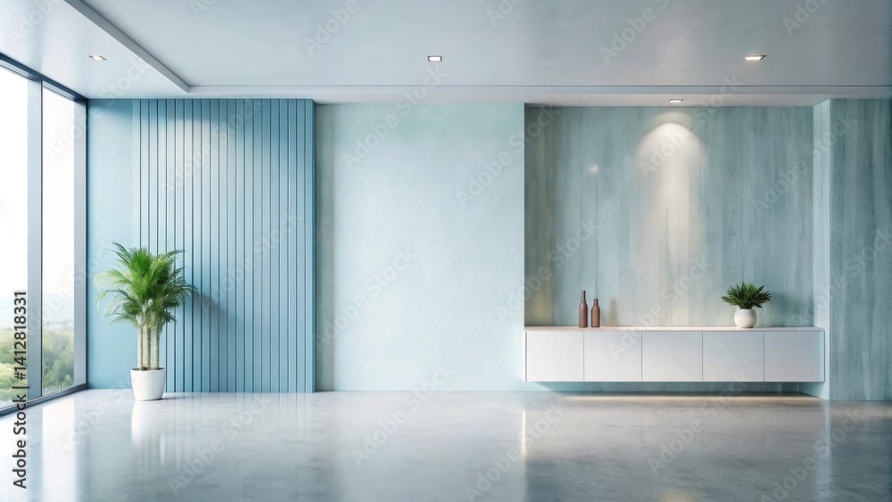 Fototapeta premium Modern Minimalist Room Interior Design with Pale Blue Walls and Concrete Floor