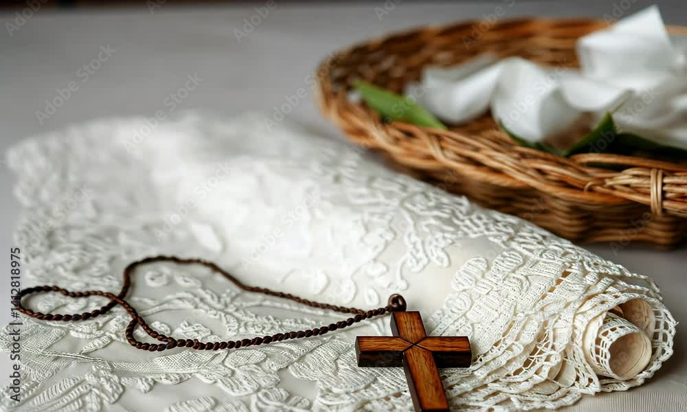 Wooden cross on lace fabric with wicker basket in background