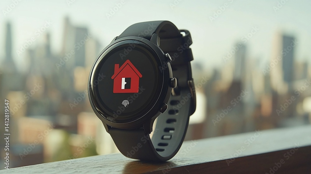 Smartwatch with home control app displayed Smartwatch with home control app displayed