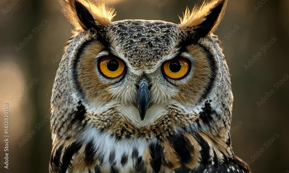 Close-up of Eurasian eagle owl with intense orange eyes in natural setting Close-up of Eurasian eagle owl with intense orange eyes in natural setting