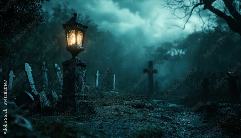 Fototapeta premium Mysterious graveyard atmosphere at dusk illuminated by flickering lantern