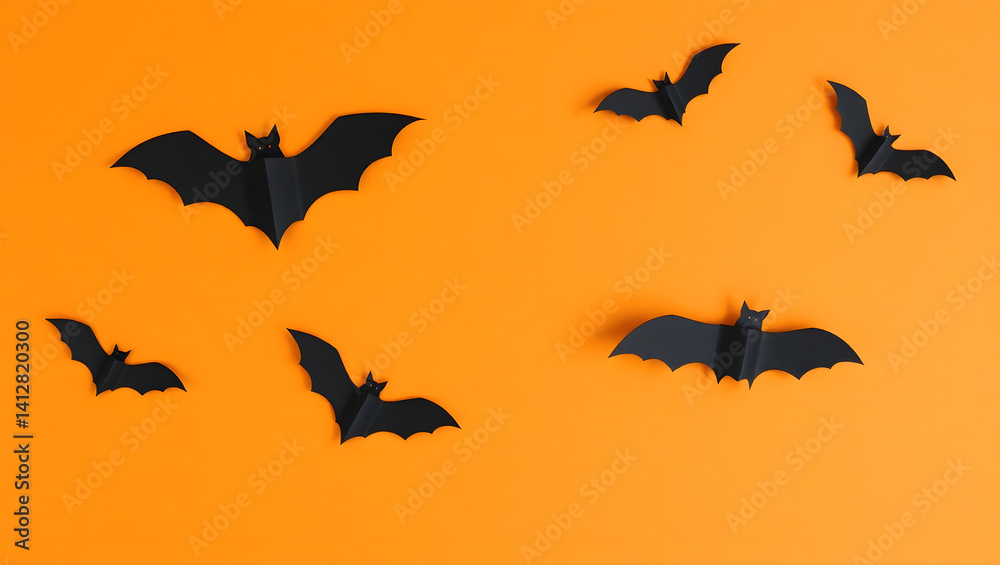 Fototapeta premium Delicate Handcut Black Paper Bats on Orange Background Halloween Decorations