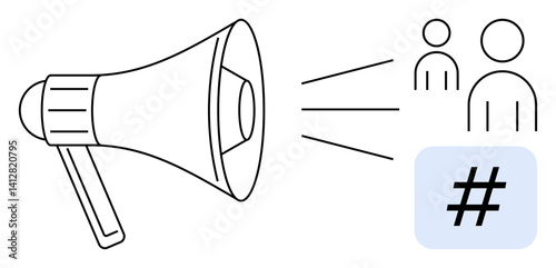 Megaphone projecting sound waves toward abstract people icons and a metadata tag. Ideal for marketing, communication, publicity, social media, branding, advertising, community, simple landing page