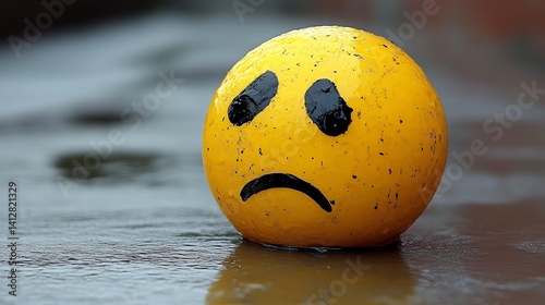 Sad Emoji Face on Wet Pavement.