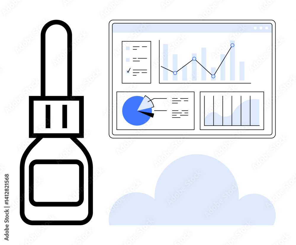Fototapeta premium Dropper bottle next to an analytics dashboard with graphs, pie chart, and cloud icon. Ideal for data analysis, wellness, medical, digital tools, healthcare, innovation simple landing page