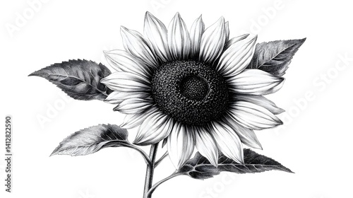 Elegant Monochrome Sunflower Botanical in Vintage Engraving Style