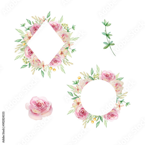 Floral Frame with watercolor pink flowers and green leaves