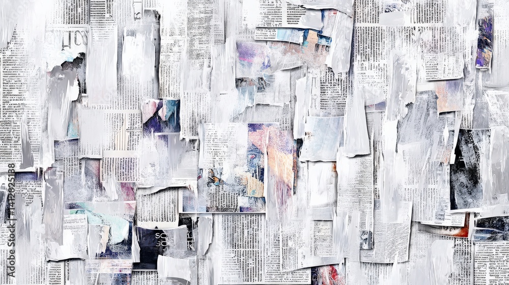 Fototapeta premium Abstract Urban Collage with Torn Newspaper and Paint Texture