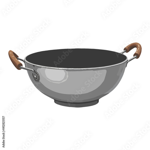 Empty Wok with Wooden Handles Isolated Hand Drawn Vector Illustration Asian Cooking Equipment