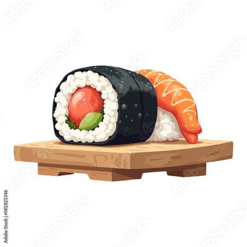 Delicious Sushi Roll and Shrimp Sushi on Wooden Plate Isolated Hand Drawn Vector Illustration