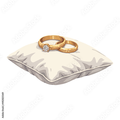 Golden Wedding Rings on a Pillow Elegant Design Celebration Isolated Hand Drawn Vector Illustration