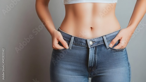 Obraz na płótnie Overweight woman struggling to fit into tight jeans, weight gain awareness concept w salonie