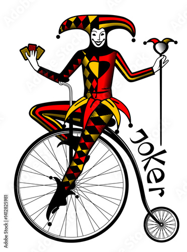 Smiling Joker of playing cards in color engraving style ride a vintage bicycle isolated on white. Vector illustration