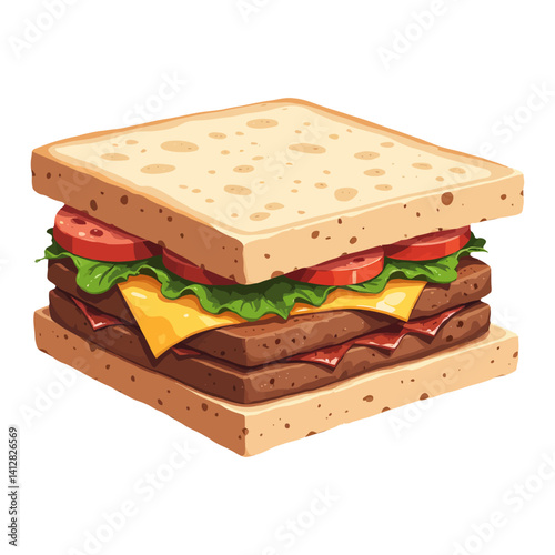 Delicious Square Sandwich with Meat Cheese Lettuce and Tomato Isolated Hand Drawn Vector Illustration