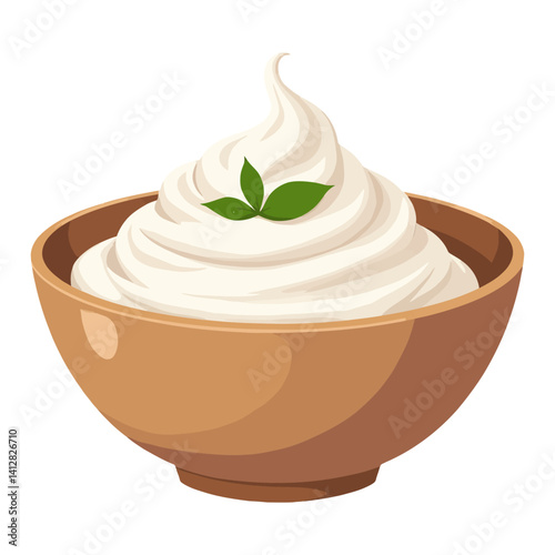Fresh Sour Cream on a Bowl with Green Leaves Isolated Hand Drawn Vector Illustration