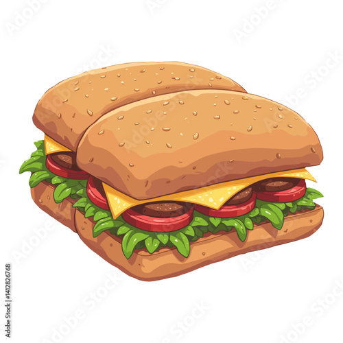 Delicious Sub Sandwiches with Tomato Cheese and Lettuce Isolated Hand Drawn Vector Illustration