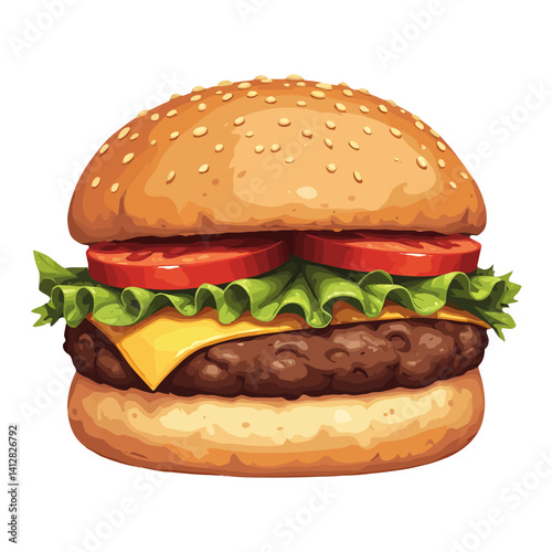 Delicious Burger with Lettuce Cheese and Tomato Isolated Hand Drawn Vector Illustration
