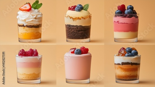 Set of layered desserts in glass cups with fresh berries on beige grid background.