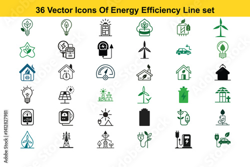 Energy Efficiency Line Icons set. Vector illustration featuring modern thin-line designs of eco-friendly icons: energy-saving lightbulb, sustainability, electricity, and more