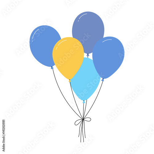 Bundle of balloons with strings, simple doodle outline, floating party decoration for birthday celebration. Flat vector illustration isolated on white background.