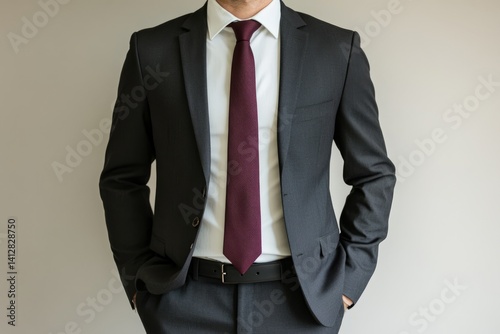 Front view of a man in a charcoal gray suit with a white shirt and burgundy tie, standing confidently with hands in pockets clean and professional composition