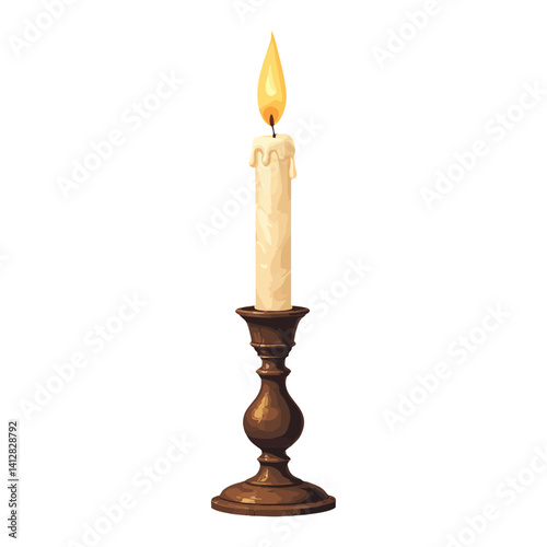 Vintage Candle Holder with Burning Flame Isolated Hand Drawn Vector Illustration