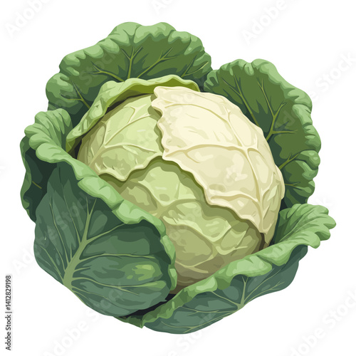 Fresh Green Cabbage with Leaf Isolated Hand Drawn Vector Illustration Organic Vegetable Ingredient