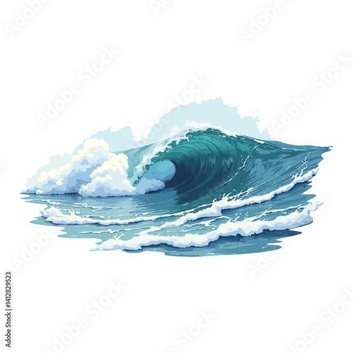 Beautiful Blue Sea Wave Illustration with Foam and Splash Isolated Hand Drawn Vector Illustration
