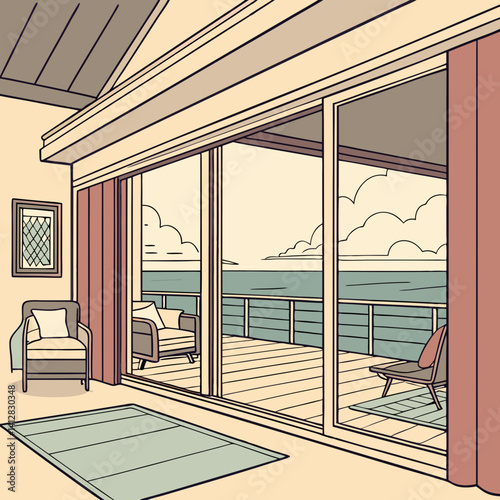 A stunning beach house with a large sliding glass door offering an unobstructed ocean view, showcasing luxurious interior design elements