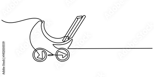 Modern baby stroller one line art. single line baby equipment . Continuous line drawing of childhood, safety,  transportation, personal, classic style, for winter. one line vector illustration.