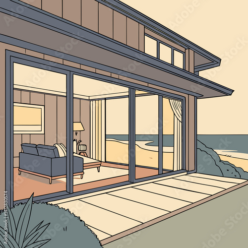 A stunning beach house with a large sliding glass door offering an unobstructed ocean view, showcasing luxurious interior design elements