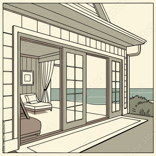 A stunning beach house with a large sliding glass door offering an unobstructed ocean view, showcasing luxurious interior design elements