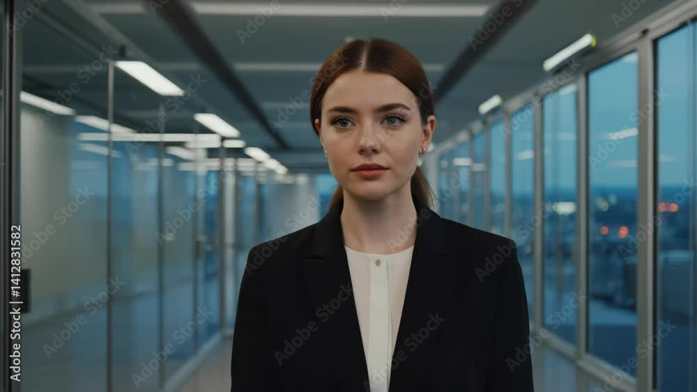 Confident young woman in a blazer standing inside a modern office hallway with large windows, city lights visible through the glass Confident young woman in a blazer standing inside a modern office hallway with large windows, city lights visible through the glass