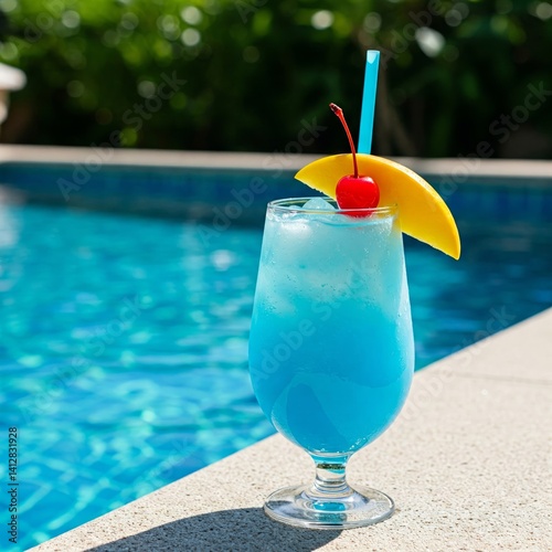 Poolside Blue Hawaiian. Glass of Blue Hawaiian cocktail on swimming pool side garnished with mango wedge and maraschino cherry