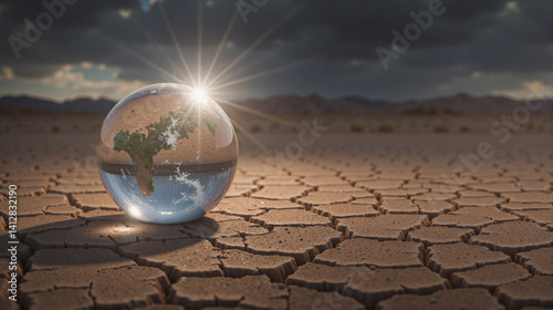Fragile Earth in Cracked Desert: Global Warming, Drought, Climate Change Concept