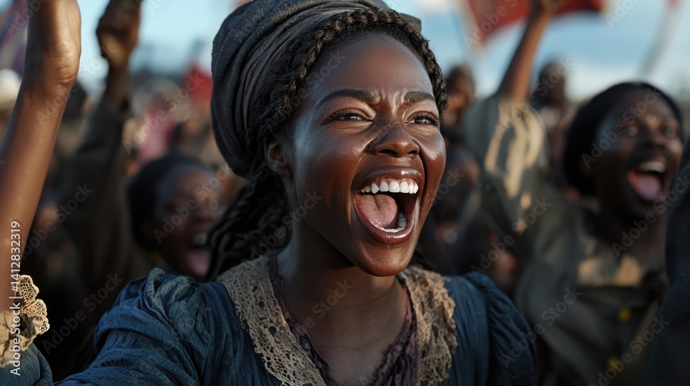 A spirited woman, dressed in period clothing, leads a jubilant crowd, expressing joy and resilience. The gathering is set in a rural area, symbolizing hope and unity during a significant event. A spirited woman, dressed in period clothing, leads a jubilant crowd, expressing joy and resilience. The gathering is set in a rural area, symbolizing hope and unity during a significant event.