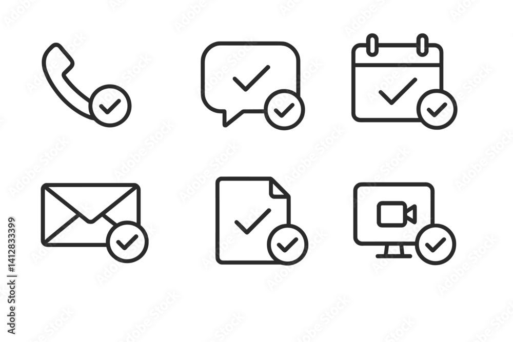 outline vector icons of communication confirmations: call confirmed, chat verified, meeting check, email received, invite ok, message sent, Zoom joined, reply marked. set of line style icons in a