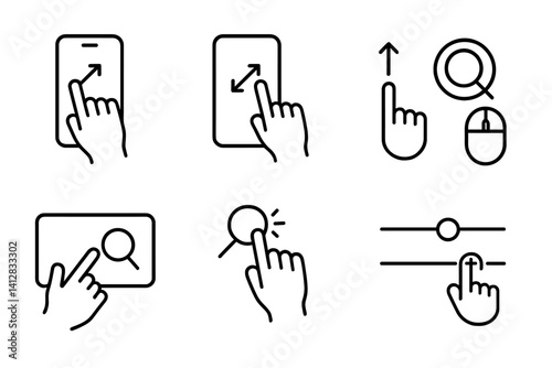 outline vector icons of zoom interaction: user pinch zoom, two-finger spread, scroll-to-zoom, mouse hover zoom, double click zoom, swipe magnify, hand cursor zoom, input-based zoom. set of line style